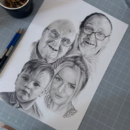 Custom Hand Drawn Family Portraiture. A3 (3 Face) £695